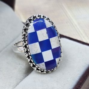 Blue Aurora & White Checkerboard Ring 925 Sterling Silver Ring (RS104-224)