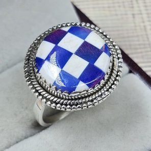 Blue Aurora & White Checkerboard Ring 925 Sterling Silver Ring (RS104-227)
