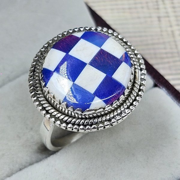 Blue Aurora & White Checkerboard Ring 925 Sterling Silver Ring (RS104-227)