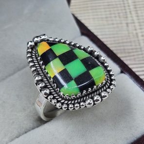 Black Onyx & Aurora Opal Checkerboard Ring 925 Sterling Silver Ring (RS104-217)