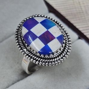 Blue Aurora & White Checkerboard Ring 925 Sterling Silver Ring (RS104-221)