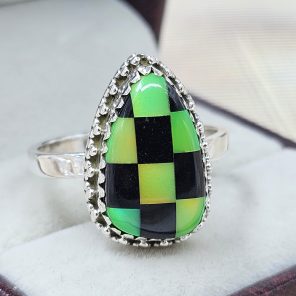 Black Onyx & Aurora Opal Checkerboard Ring 925 Sterling Silver Ring (RS104-214)