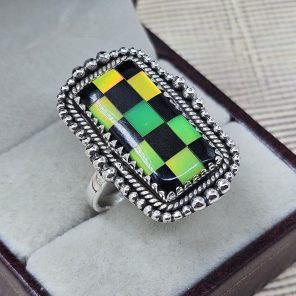 Black Onyx & Aurora Opal Checkerboard Ring 925 Sterling Silver Ring (RS104-215)