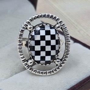 Black Onyx & White Checkerboard Ring 925 Sterling Silver Ring (RS104-213)