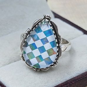 Aurora Opal & White Checkerboard 925 Sterling Silver Ring (RS104-232)