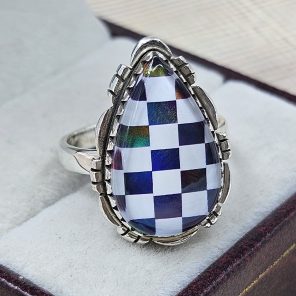 Aurora Opal & White Checkerboard 925 Sterling Silver Ring (RS104-231)