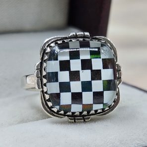 Aurora Opal & White Checkerboard 925 Sterling Silver Ring (RS104-234)