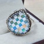 Aurora Opal & White Checkerboard 925 Sterling Silver Ring (RS104-236)