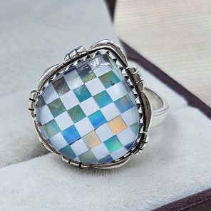 Aurora Opal & White Checkerboard 925 Sterling Silver Ring (RS104-236)