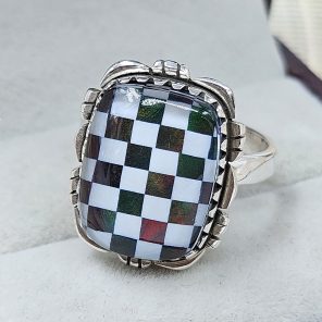 Aurora Opal & White Checkerboard 925 Sterling Silver Ring (RS104-233)