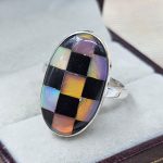 Black Onyx & Aurora Opal Checkerboard 925 Sterling Silver Ring (RS104-230)
