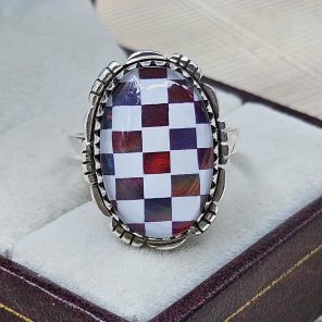 Aurora Opal & White Checkerboard 925 Sterling Silver Ring (RS104-235)