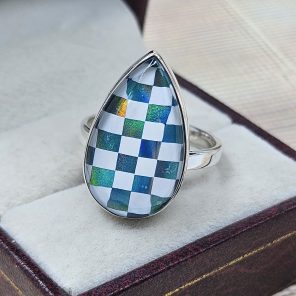 Aurora Opal & White Checkerboard 925 Sterling Silver Ring (RS104-237)