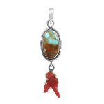 Kingman Turquoise & Coral Pendant 1.5â€³ 925 Sterling Silver Pendant (RS10-278)
