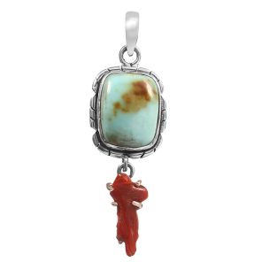 Kingman Turquoise & Coral Pendant 1.5â€³ 925 Sterling Silver Pendant (RS10-279)