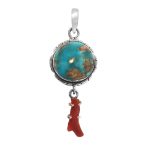 Kingman Turquoise & Coral Pendant 1.5â€³ 925 Sterling Silver Pendant (RS10-280)