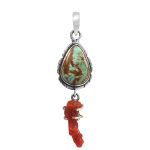 Kingman Turquoise & Coral Pendant 1.5â€³ 925 Sterling Silver Pendant (RS10-281)