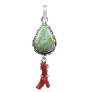 Kingman Turquoise & Coral Pendant 1.25â€³ 925 Sterling Silver Pendant (RS10-282)