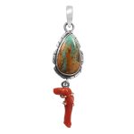 Kingman Turquoise & Coral Pendant 1.25â€³ 925 Sterling Silver Pendant (RS10-283)