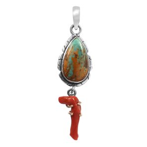 Kingman Turquoise & Coral Pendant 1.25â€³ 925 Sterling Silver Pendant (RS10-283)