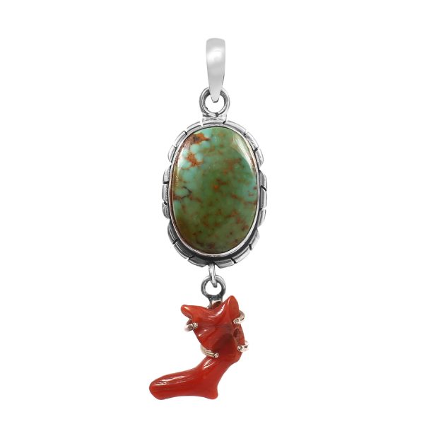 Kingman Turquoise & Coral Pendant 1.25â€³ 925 Sterling Silver Pendant (RS10-284)
