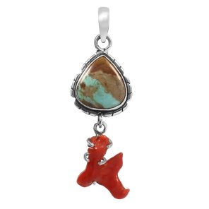Kingman Turquoise & Coral Pendant 1.25â€³ 925 Sterling Silver Pendant (RS10-286)