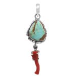 Kingman Turquoise & Coral Pendant 1.25â€³ 925 Sterling Silver Pendant (RS10-287)
