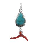 Kingman Turquoise & Coral Pendant 1.25â€³ 925 Sterling Silver Pendant (RS10-289)