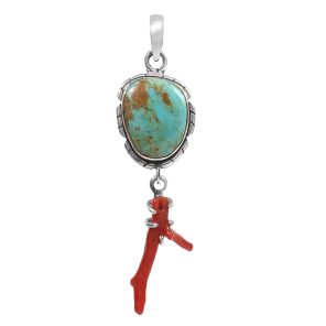 Kingman Turquoise & Coral Pendant 1.25â€³ 925 Sterling Silver Pendant (RS10-290)