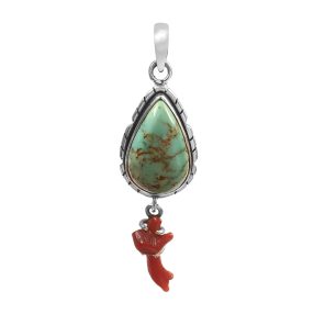 Kingman Turquoise & Coral Pendant 1.25â€³ 925 Sterling Silver Pendant (RS10-291)