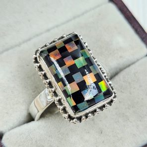 Aurora Opal Checkerboard Size US 10 925 Sterling Silver Ring (RS35-75)