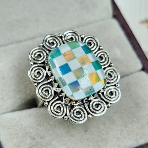 Aurora Opal Checkerboard Size US 8 925 Sterling Silver Ring (RS35-49)