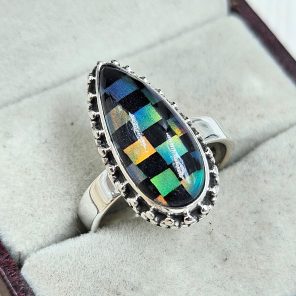 Aurora Opal Checkerboard Size US 8 925 Sterling Silver Ring (RS35-50)