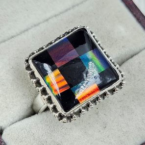 Aurora Opal Checkerboard Size US 10 925 Sterling Silver Ring (RS35-76)