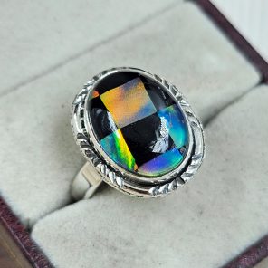 Aurora Opal Checkerboard Size US 10 925 Sterling Silver Ring (RS35-78)
