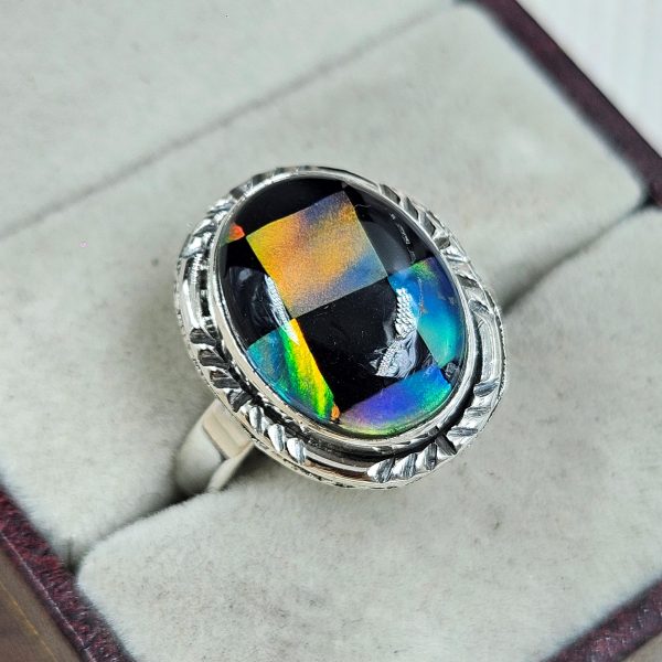 Aurora Opal Checkerboard Size US 10 925 Sterling Silver Ring (RS35-78)