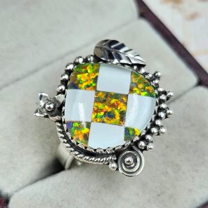 Aurora Opal Checkerboard Size US 8 925 Sterling Silver Ring (RS35-51)