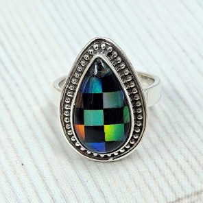 Aurora Opal Checkerboard Size US 6 925 Sterling Silver Ring (RS35-43)