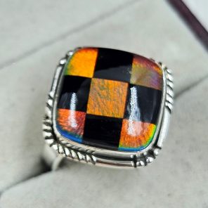 Aurora Opal Checkerboard Size US 10 925 Sterling Silver Ring (RS35-79)