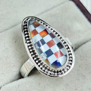 Aurora Opal Checkerboard Size US 10 925 Sterling Silver Ring (RS35-80)