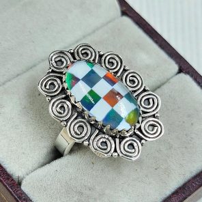 Aurora Opal Checkerboard Size US 8 925 Sterling Silver Ring (RS35-53)