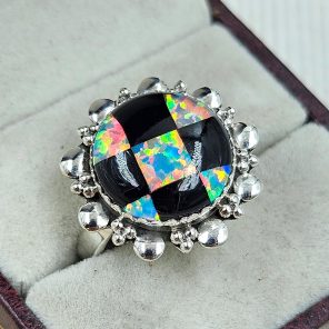 Aurora Opal Checkerboard Size US 10 925 Sterling Silver Ring (RS35-88)