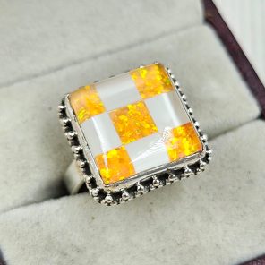 Aurora Opal Checkerboard Size US 8 925 Sterling Silver Ring (RS35-54)