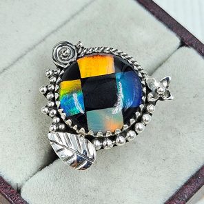 Aurora Opal Checkerboard Size US 8 925 Sterling Silver Ring (RS35-55)