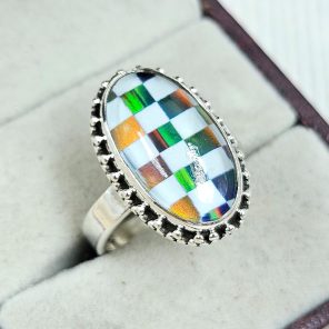 Aurora Opal Checkerboard Size US 8 925 Sterling Silver Ring (RS35-56)