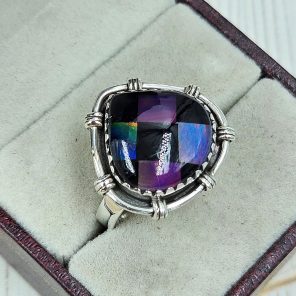 Aurora Opal Checkerboard Size US 10 925 Sterling Silver Ring (RS35-81)