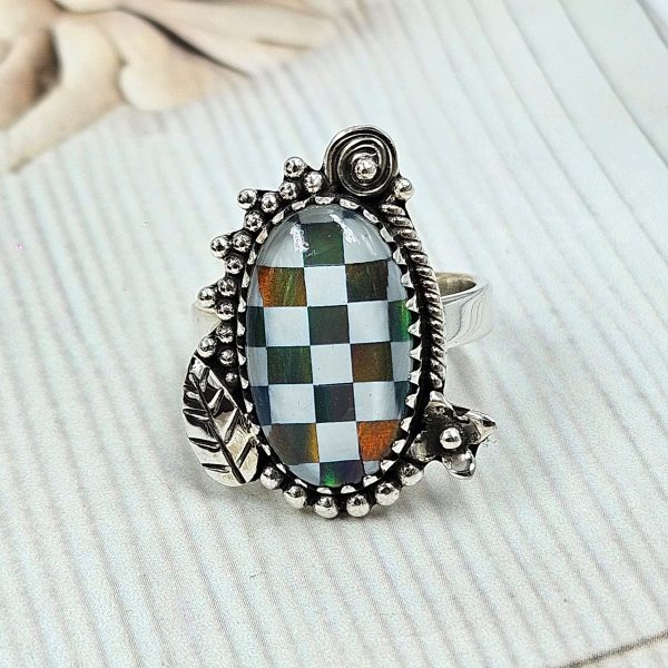 Aurora Opal Checkerboard Size US 8 925 Sterling Silver Ring (RS35-57) - Image 2