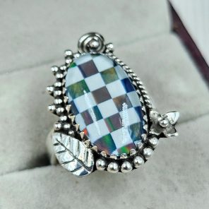 Aurora Opal Checkerboard Size US 8 925 Sterling Silver Ring (RS35-57)