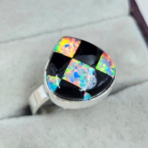 Aurora Opal Checkerboard Size US 8 925 Sterling Silver Ring (RS35-58)