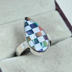 Aurora Opal Checkerboard Size US 8 925 Sterling Silver Ring (RS35-59)